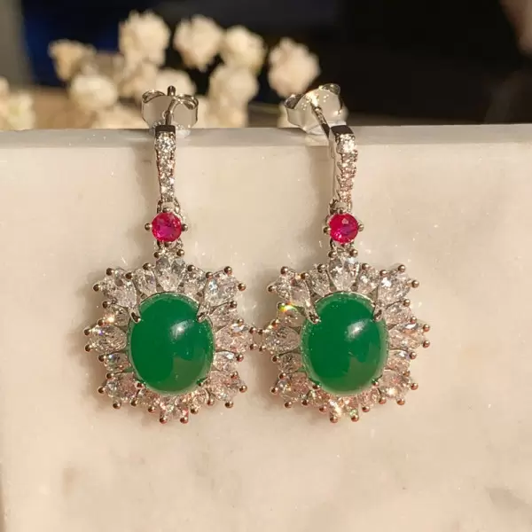 Halo Cabochon Emerald Sapphire Drop Earrings