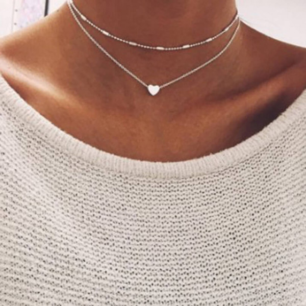 Simple Fashion Heart Pendant Double Layered Choker