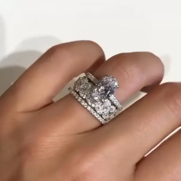 2.2 CT Oval Cut Pavé White Sapphire 925 Sterling Silver Three-Piece Ring Set Oval Halo Eternity Band Brilliant Eternity Band