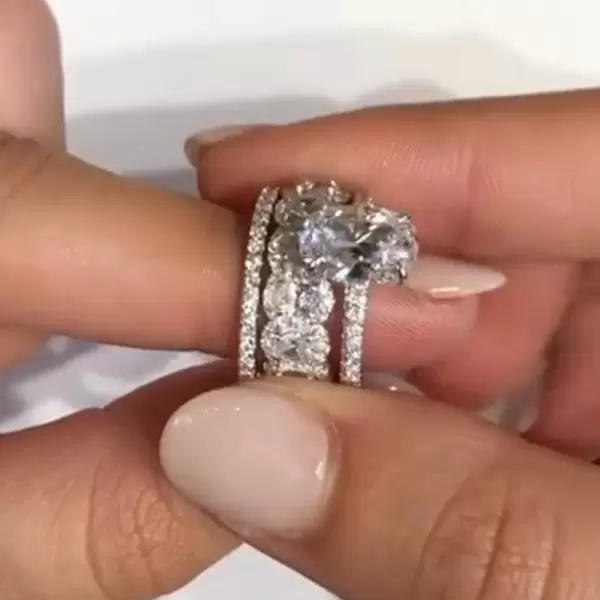 2.2 CT Oval Cut Pavé White Sapphire 925 Sterling Silver Three-Piece Ring Set Oval Halo Eternity Band Brilliant Eternity Band