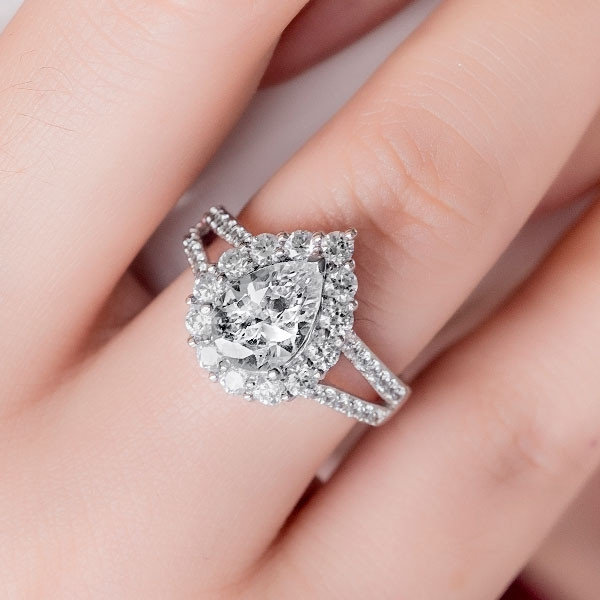Handmade 2 ct Halo Pear Cut Split Shank Engagement Ring