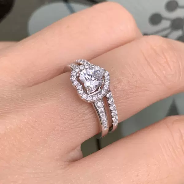 Halo Heart Cut White Sapphire Dainty Wedding Ring Set