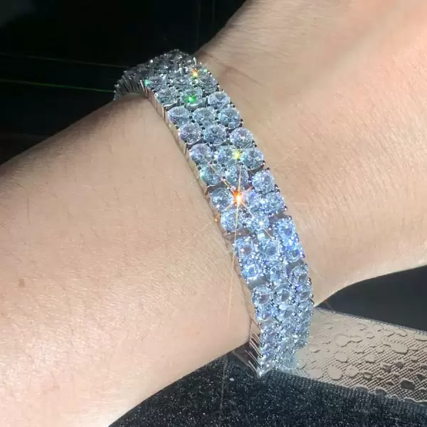 Round Cut White Sapphire Three-Row Statement Bracelet