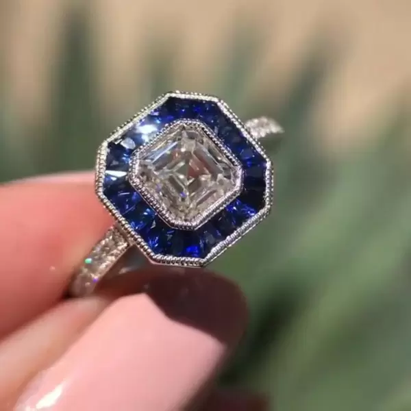 Sapphire Halo Asscher Cut Engagement Ring
