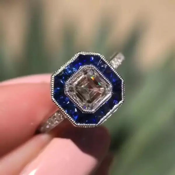 Sapphire Halo Asscher Cut Engagement Ring