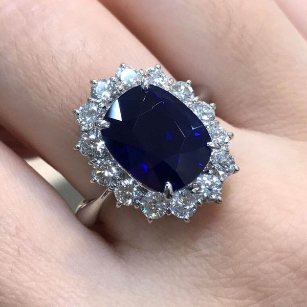 6.5ct Cushion Cut Royal Blue Sapphire Engagement Ring