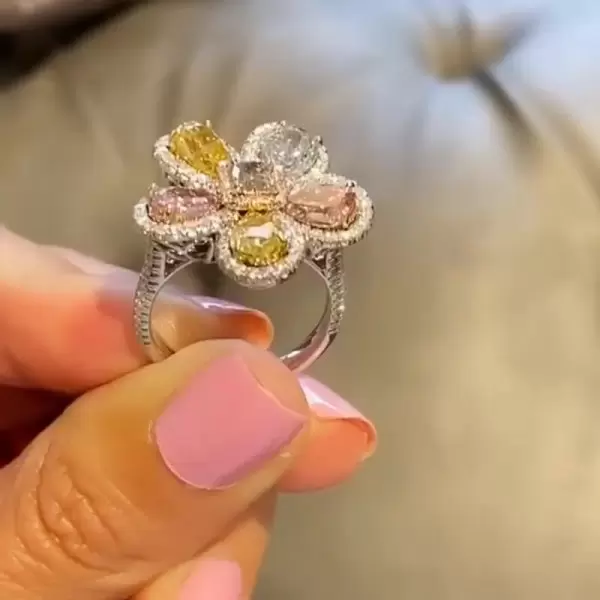 Floral Design Pear Cut Multi-Color Sapphire Engagement Ring