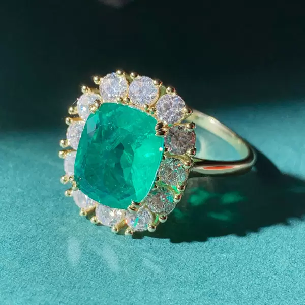 7ct Halo Cushion Cut Emerald Engagement Ring in Gold