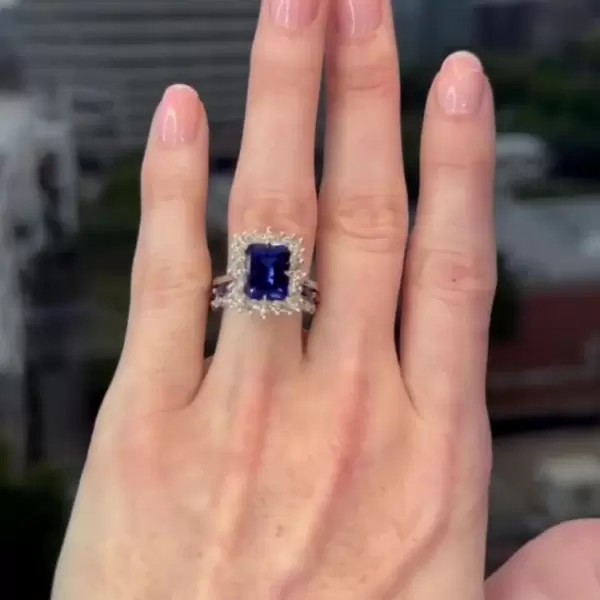 3.8ct Halo Emerald Cut Blue Sapphire 3pcs Bridal Set