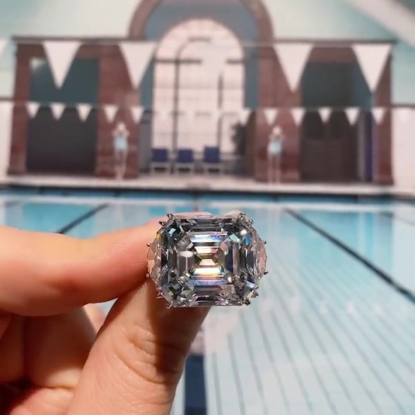Asscher Cut White Sapphire Engagement Ring with 2 Half-moon Sidestones