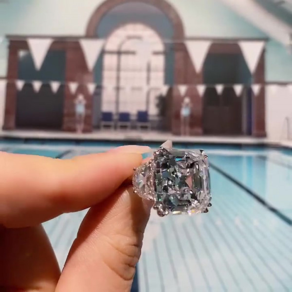 Asscher Cut White Sapphire Engagement Ring with 2 Half-moon Sidestones