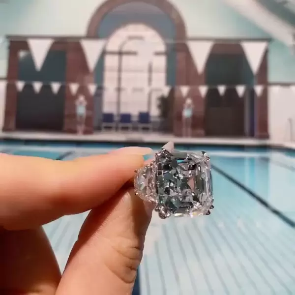 Asscher Cut White Sapphire Engagement Ring with 2 Half-moon Sidestones