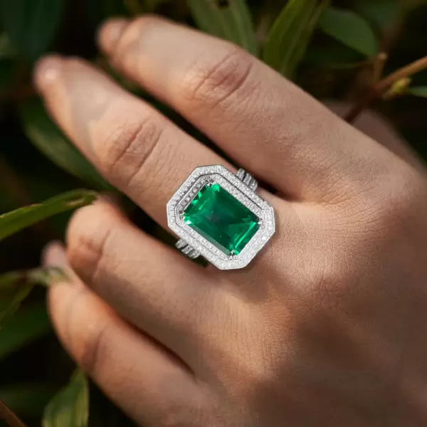 8.4ct Emerald Cut Green Sapphire Halo Engagement Ring