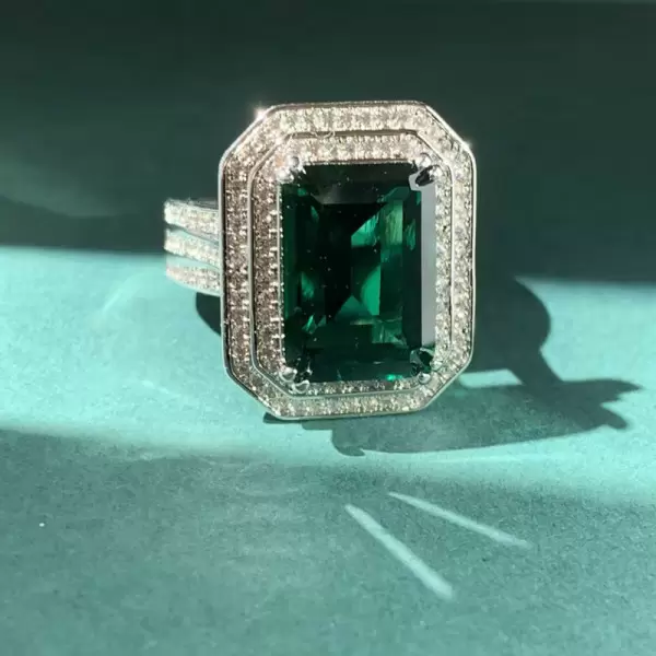 8.4ct Emerald Cut Green Sapphire Halo Engagement Ring