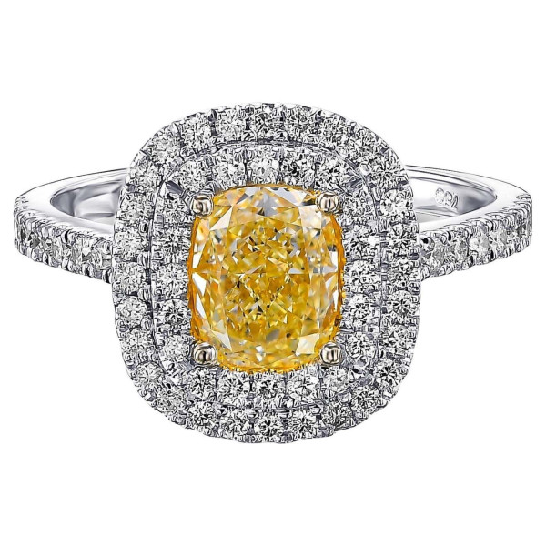 2.03ct Double Halo Cushion Cut Yellow Sapphire Engagement Ring