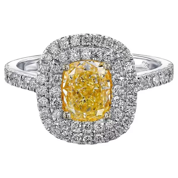 2.03ct Double Halo Cushion Cut Yellow Sapphire Engagement Ring