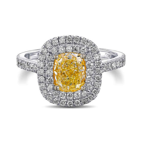 2.03ct Double Halo Cushion Cut Yellow Sapphire Engagement Ring