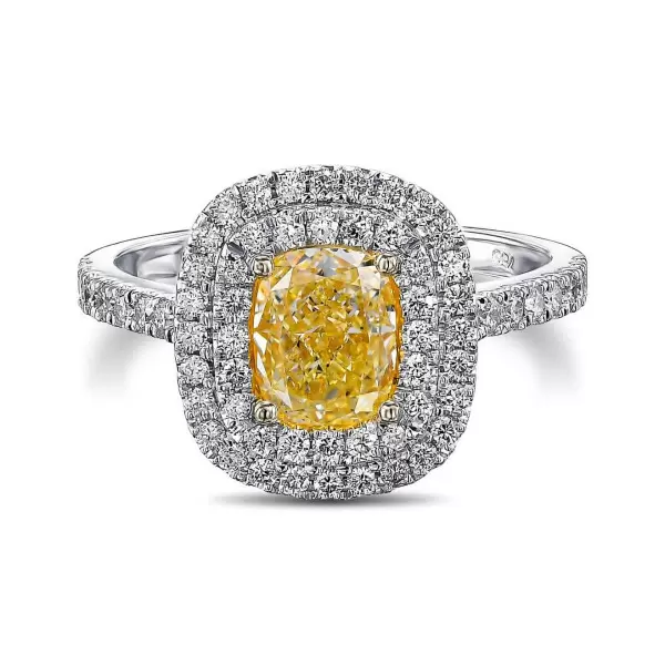 2.03ct Double Halo Cushion Cut Yellow Sapphire Engagement Ring