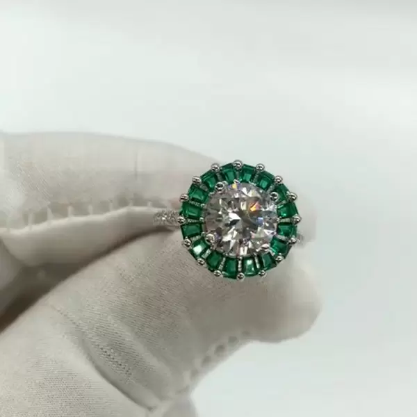 Round Cut White Sapphire Emerald Halo Engagement Ring for Women