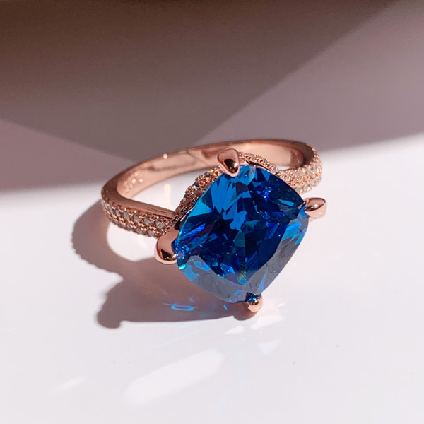 6ct Cushion Cut Swiss Blue Topaz Bypass Twist Engagement Ring