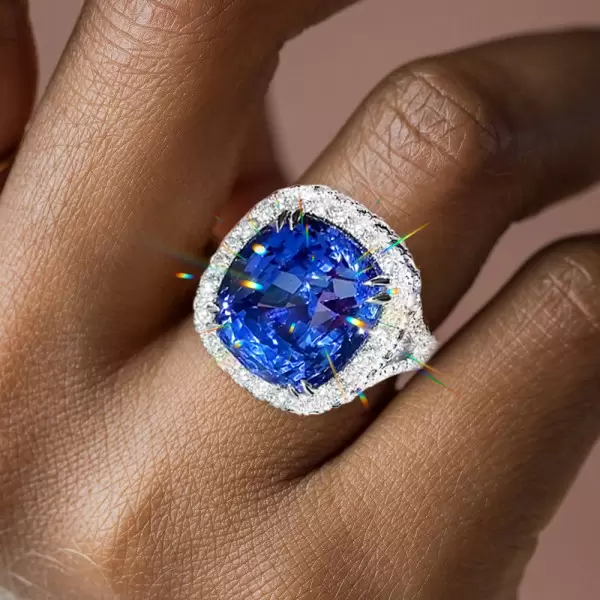 9.5ct Cushion Cut Blue Sapphire Halo Engagement Ring