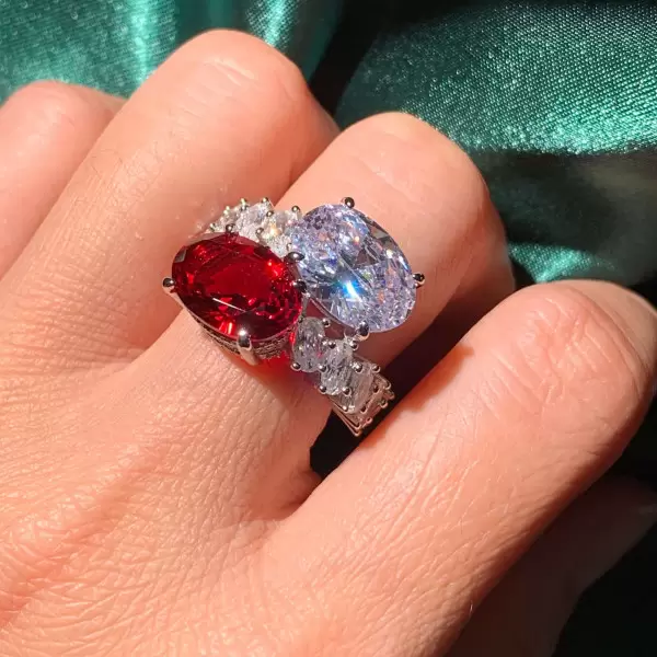 5ct Oval Cut Ruby & White Sapphire Twin Stone Engagement Ring
