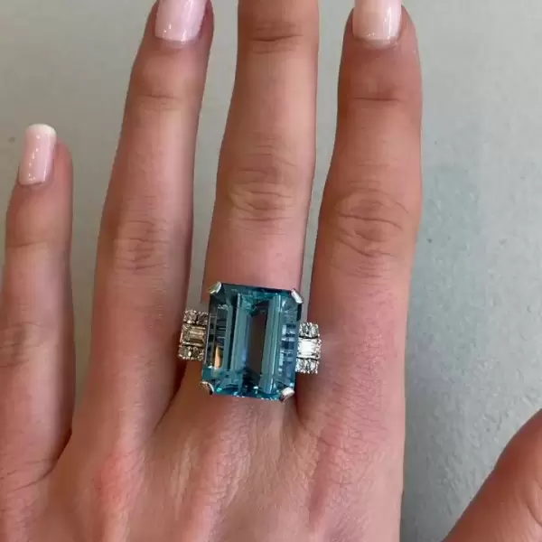 14ct Emerald Cut Aquamarine Art deco Cocktail Ring for Women in Sterling Silver SayaBling