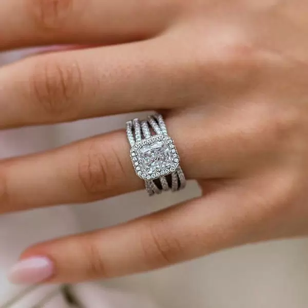 8ct Halo Radiant Cut White Sapphire 3pcs Bridal Set