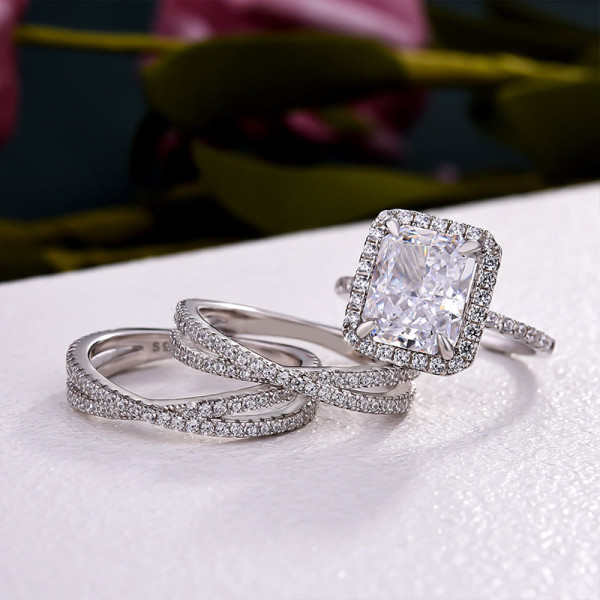 8ct Halo Radiant Cut White Sapphire 3pcs Bridal Set