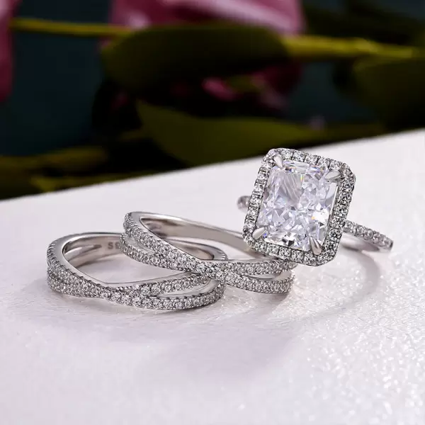 8ct Halo Radiant Cut White Sapphire 3pcs Bridal Set