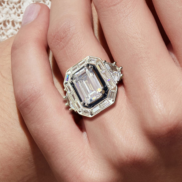 3ct Emerald Cut White Sapphire Enamel Halo Engagement Ring