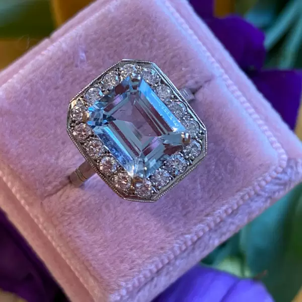2.25ct Halo Emerald Cut Aquamarine Engagement Ring