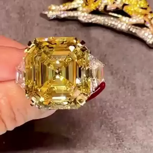 14ct Three stone Asscher Cut Yellow Sapphire Engagement Ring for