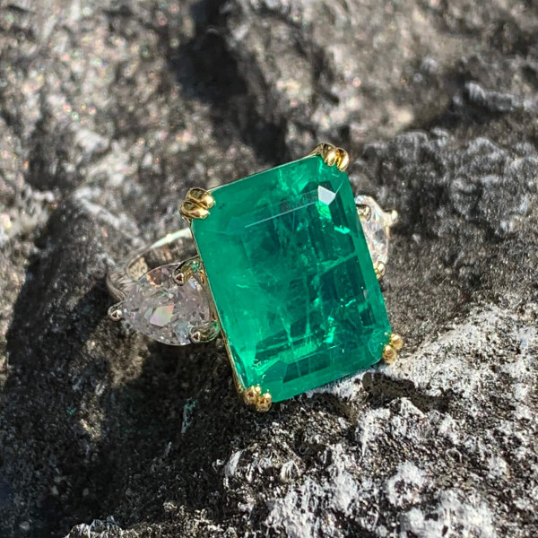 12ct Emerald Cut Emerald Three Stone Engagement Ring