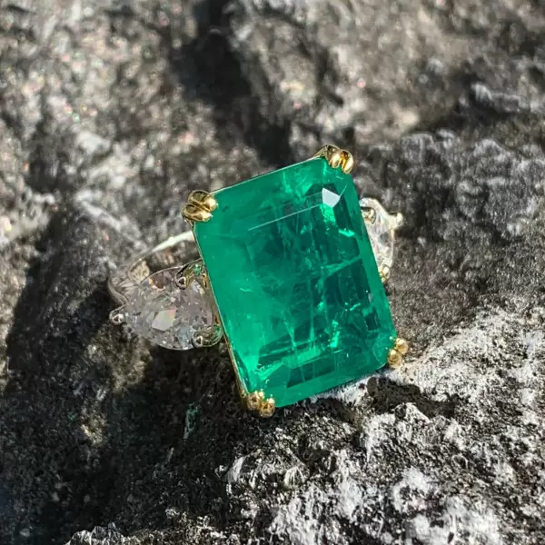 12ct Emerald Cut Emerald Three Stone Engagement Ring