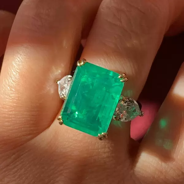 12ct Emerald Cut Emerald Three Stone Engagement Ring
