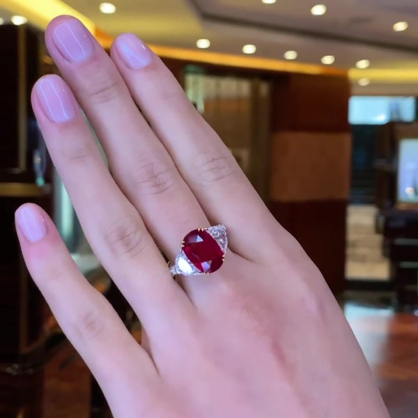 5.8ct Oval Cut Ruby Three-stone Engagement Ring