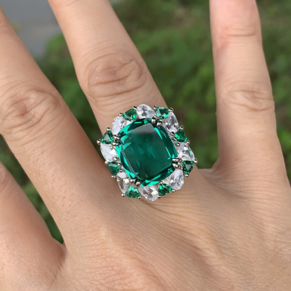 12ct Halo Cushion Cut Emerald Cocktail Ring