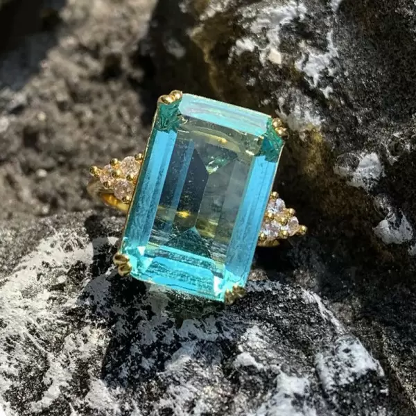 15ct Emerald Cut Aquamarine Cluster Cocktail Ring