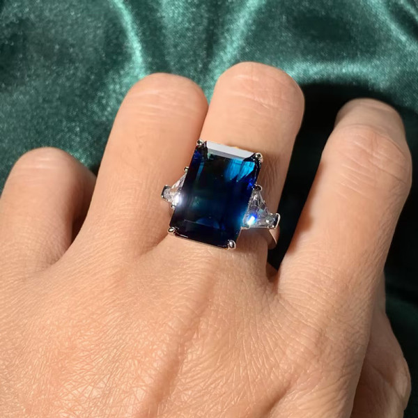 16ct Emerald Cut Blue Sapphire Three Stone Engagement Ring