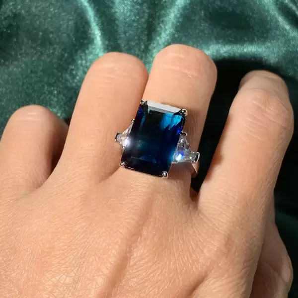 16ct Emerald Cut Blue Sapphire Three Stone Engagement Ring