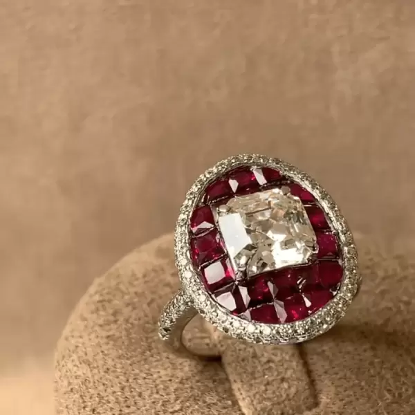 6.85ct Asscher Cut Ruby & Diamond Invisible Setting Ring