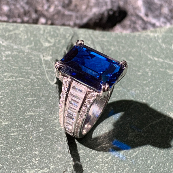 14ct Emerald Cut Blue Sapphire Engagement Ring