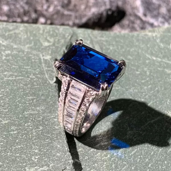 14ct Emerald Cut Blue Sapphire Engagement Ring