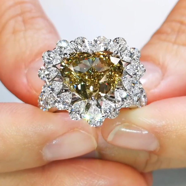 6ct Halo Heart Cut Champagne Sapphire Engagement Ring