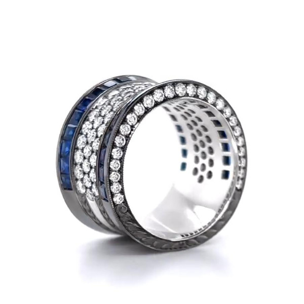 5.5ct Princess Cut Sapphire Bold Paved Wedding Band
