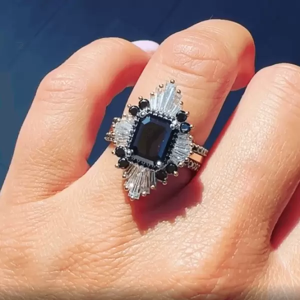 8ct Art Deco Radiant Cut Black Engagement Ring in Gold