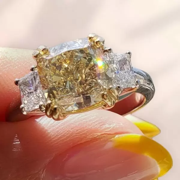 4ct Cushion Cut Yellow Sapphire Three Stone Engagement Ring