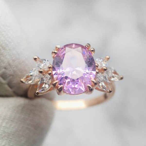6ct Oval Cut Pink & White Sapphire Engagement Ring in Rose Gold