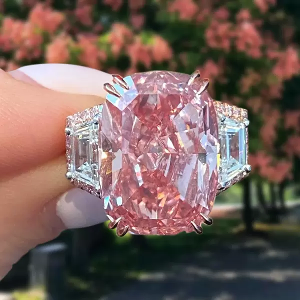 11ct Cushion Cut Pink Sapphire Three Stone Engagement Ring